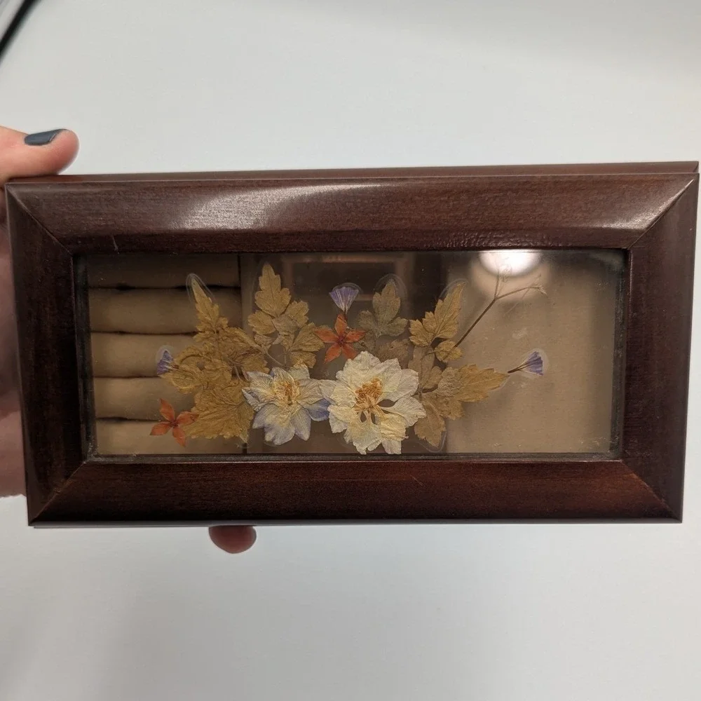 Vintage Wood Music Jewelry Box Brown Dried Flower Glass Inset Brass Feet Works